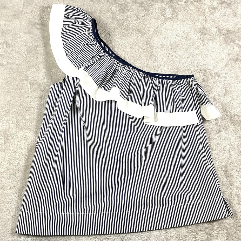 J Crew One Shoulder Ruffle Stripe Navy White Top Size 0 Coastal Beachy‎